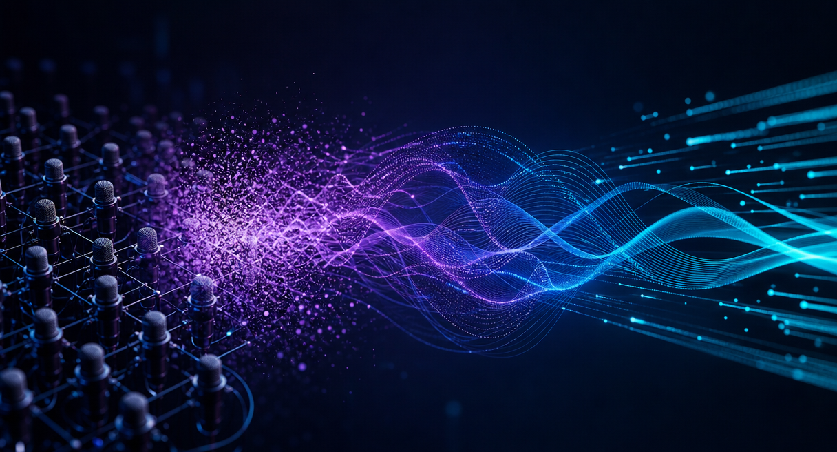 Sound waves and microphone array illustrating recording in noisy environments