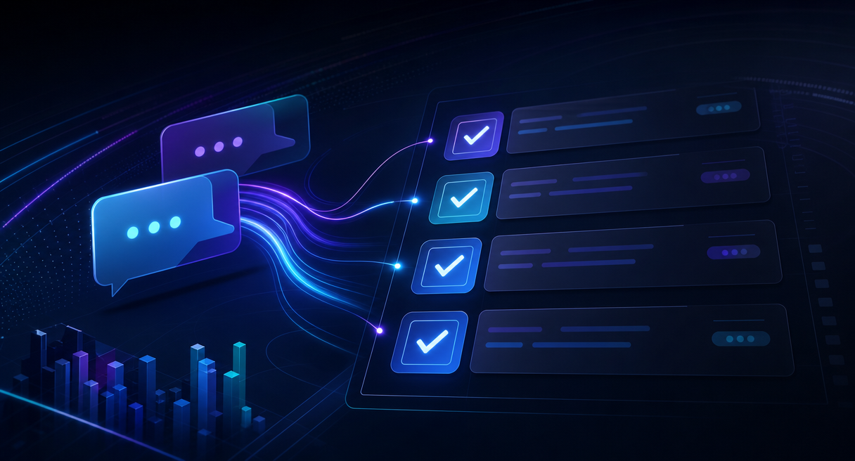 Dark technical cover with a checklist and a conversation flowing into task rows