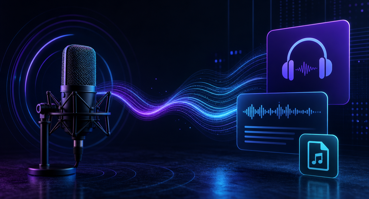 Dark technical cover with a microphone turning sound waves into text lines