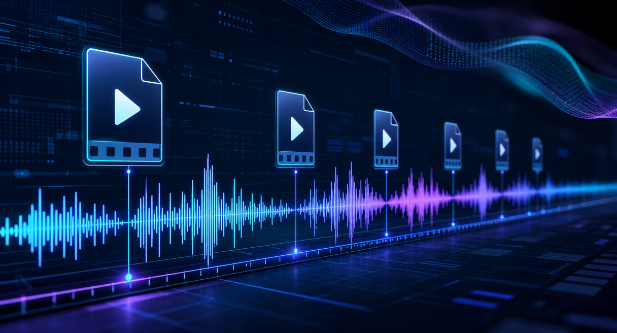 Dark technical cover with a long duration audio waveform timeline and video file icons