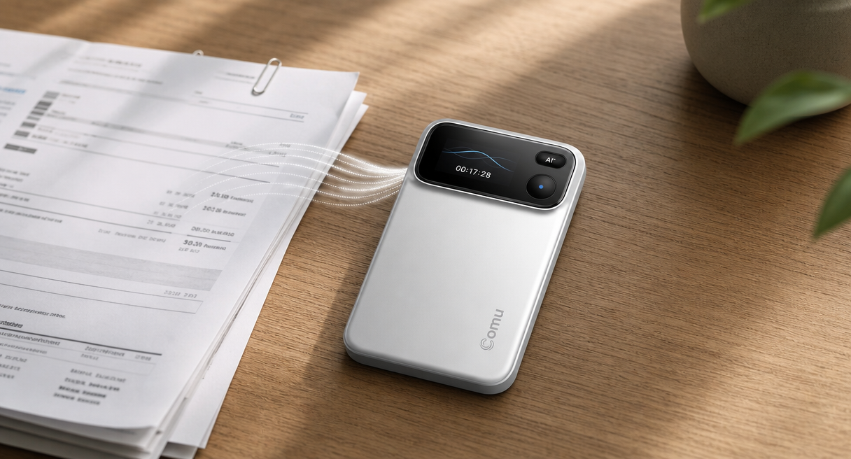 Voice recorder beside billing statements turning into clean lines of text