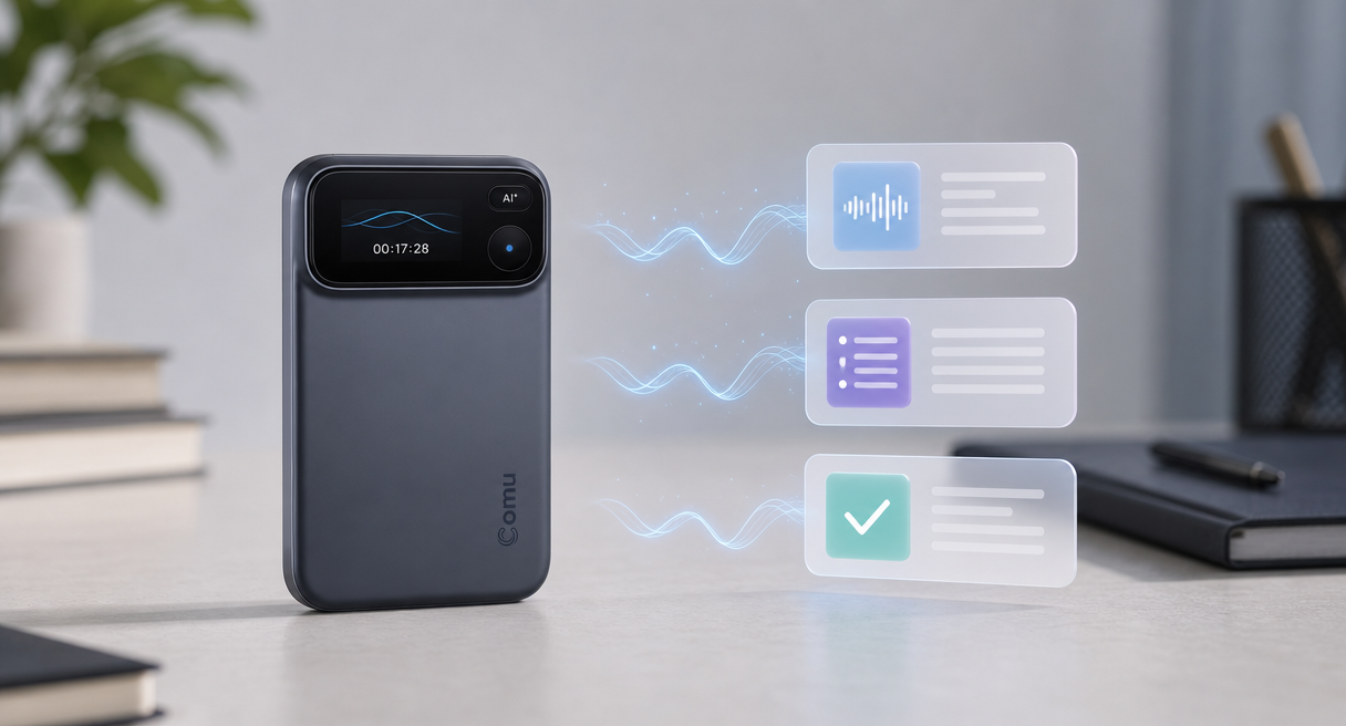 Recorder emitting sound waves that condense into summary cards