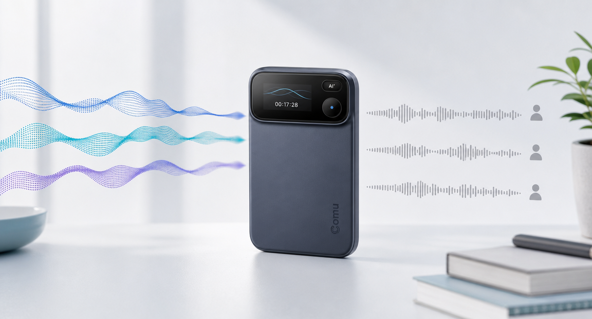 Card-style recorder turning colored speaker wave streams into separated transcript lanes