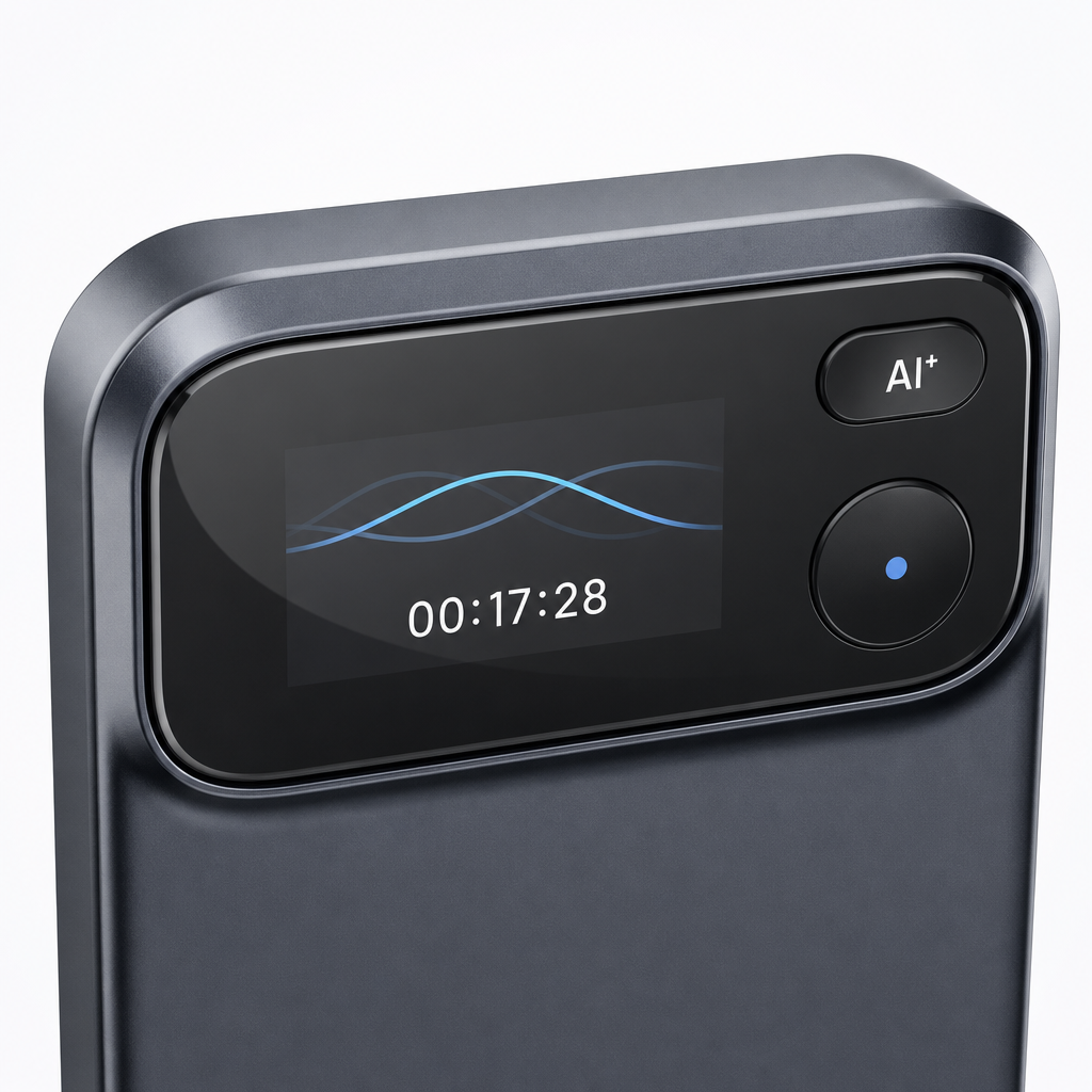Close-up of the recorder display panel with the AI+ button and blue waveform