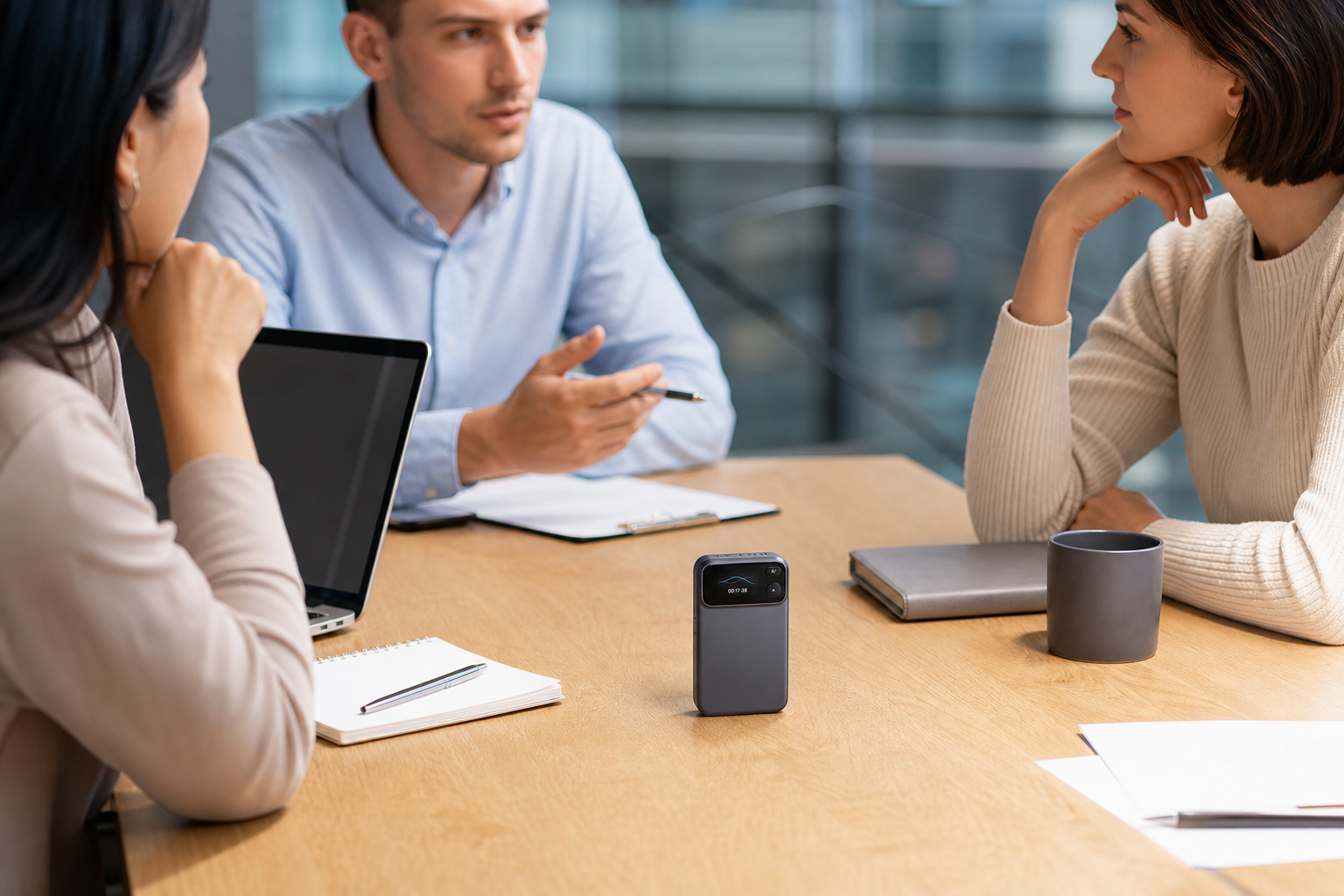 Voice recorder on a table between three colleagues