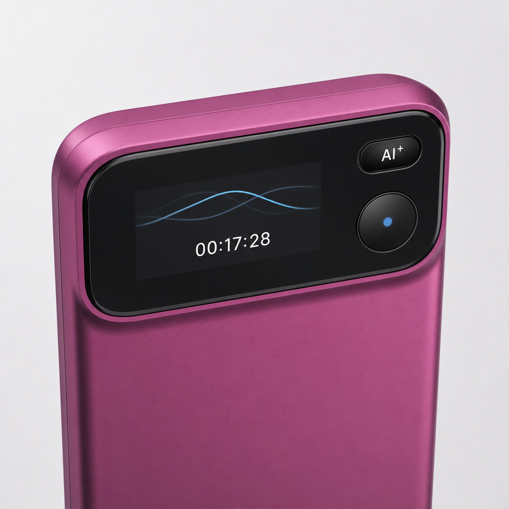 Close-up of the recorder front panel with the blue waveform display