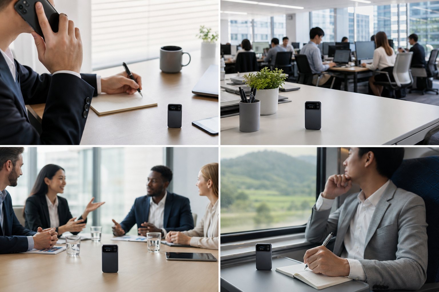Voice recorder across desk, office, meeting, and travel settings