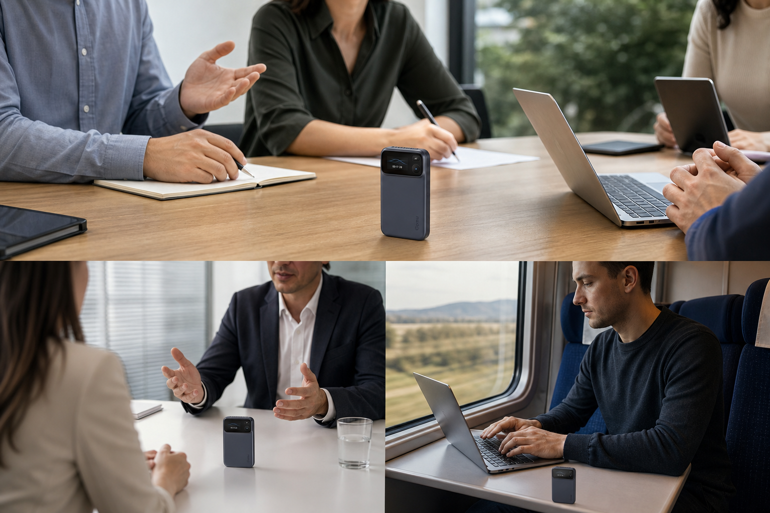 Comu Action Pro used across meetings, interviews, and travel