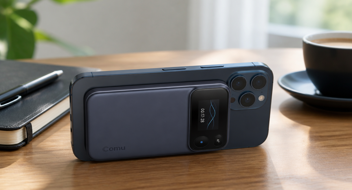 Card-style recorder attached to the back of a smartphone