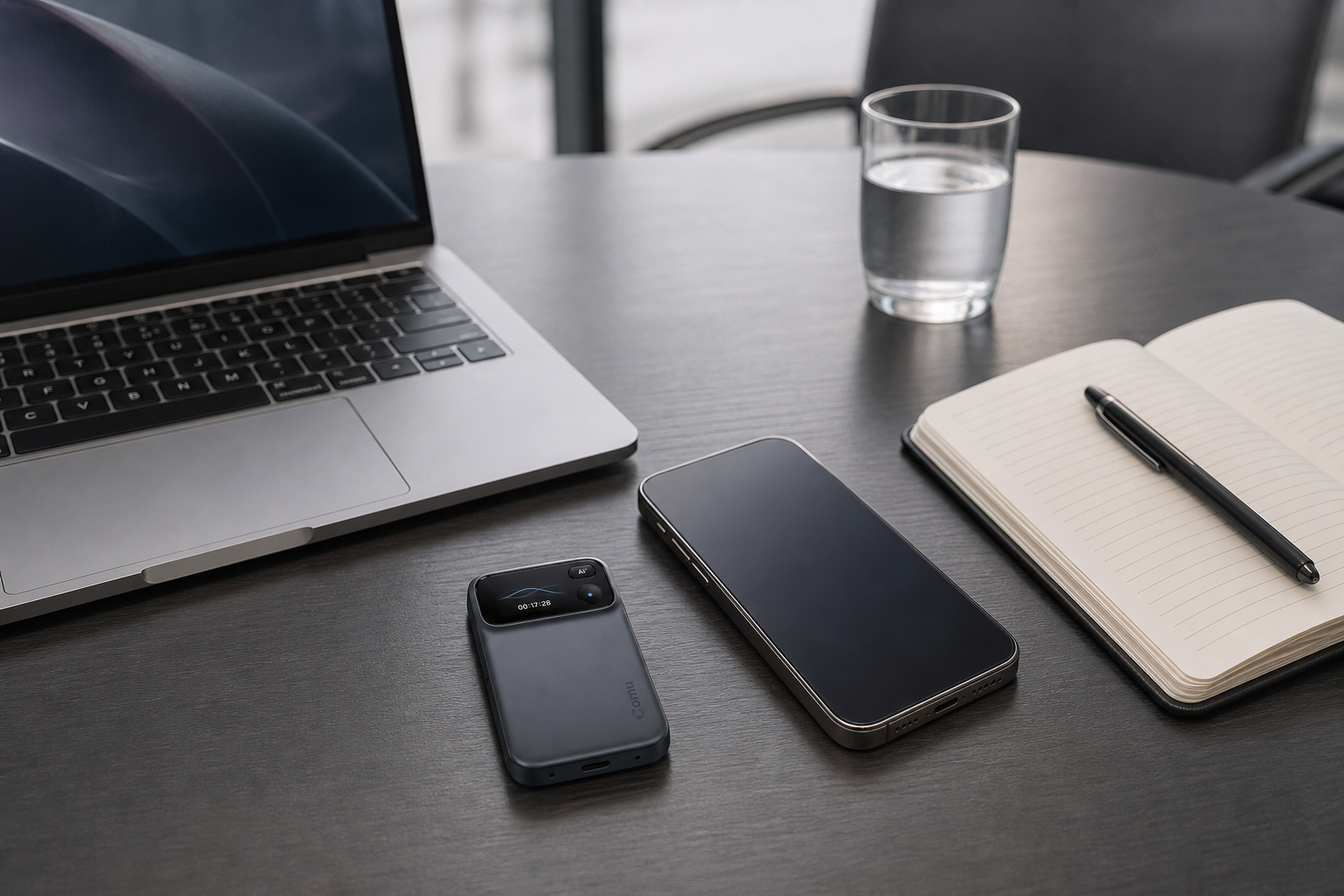 Workspace with a card recorder lying flat between a laptop and a phone