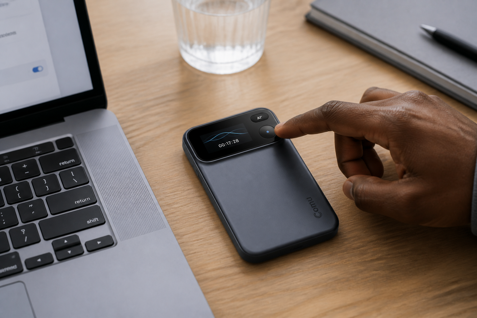 Hand using a dedicated recorder beside a laptop