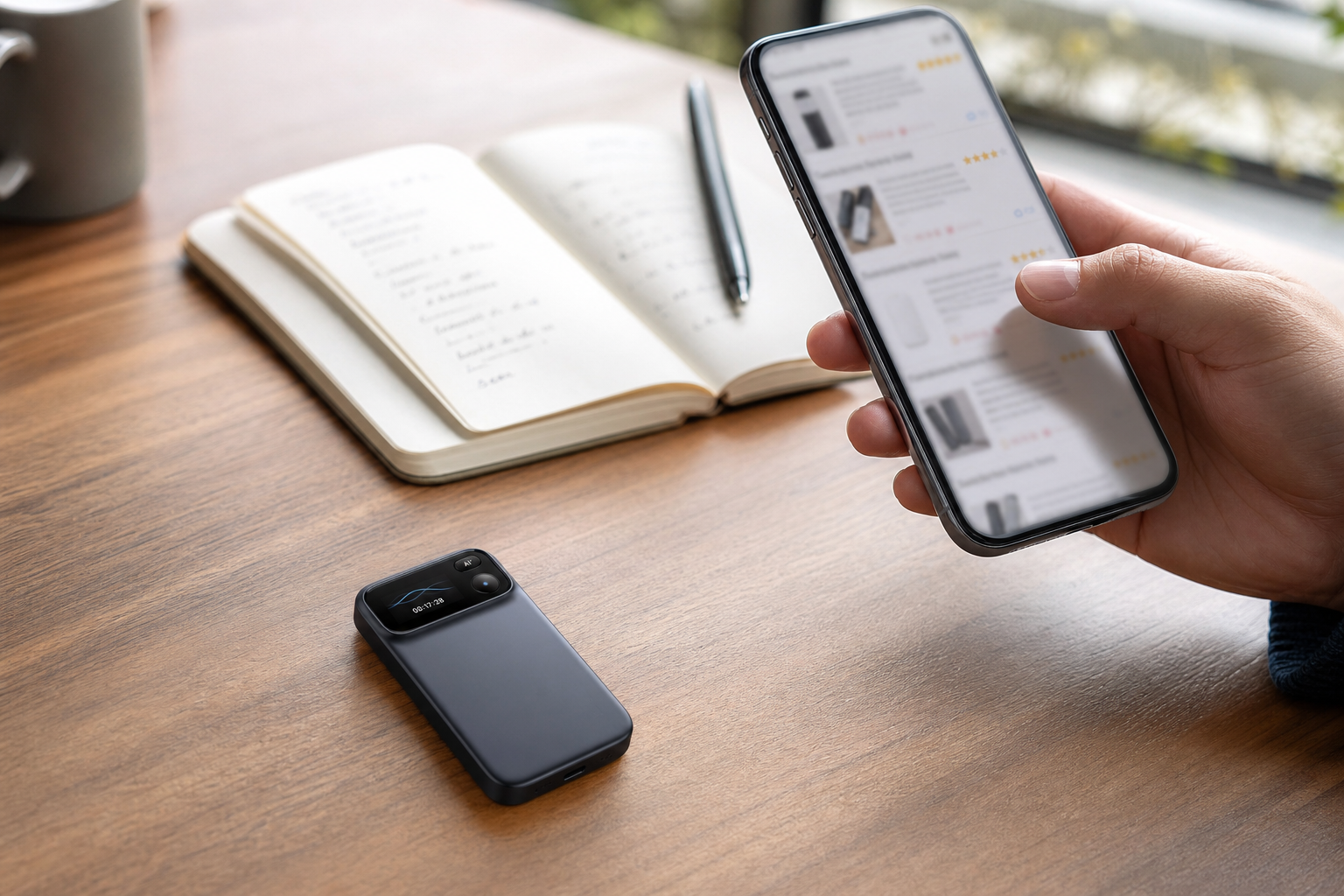 One hand scrolling phone reviews beside the graphite-gray recorder and an open notebook