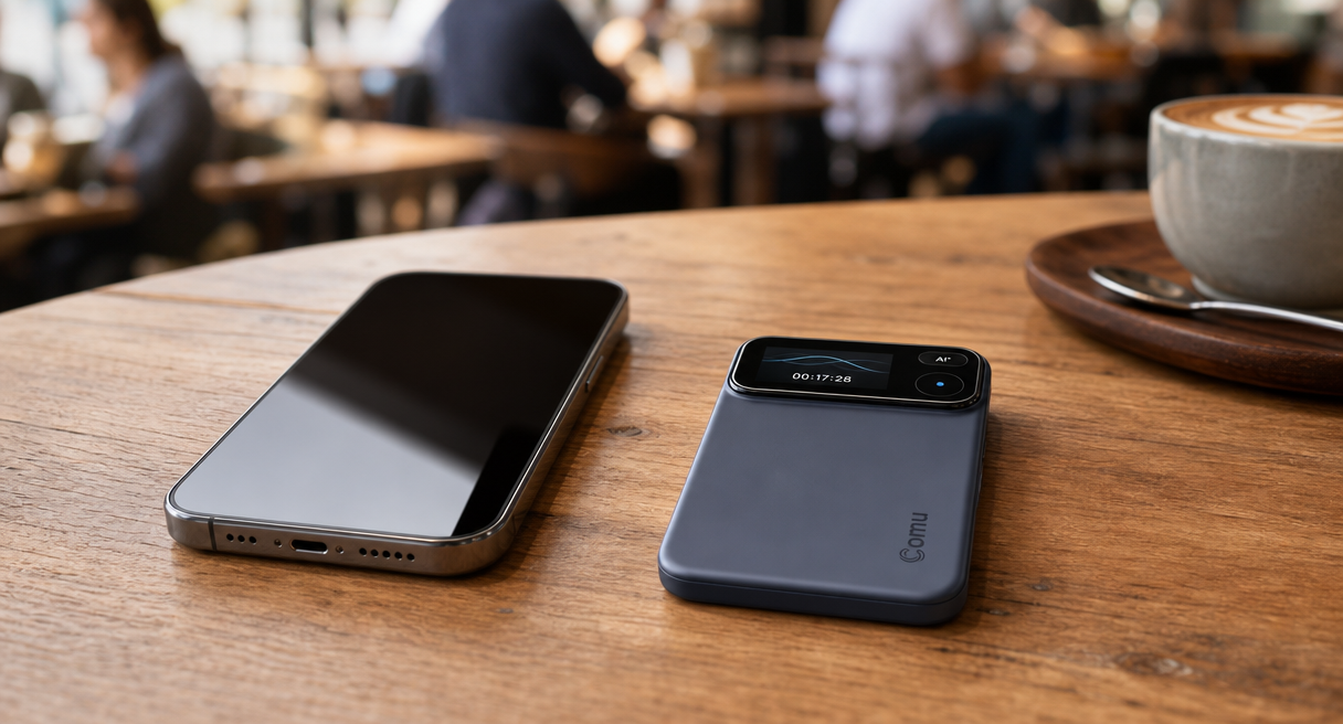 Slim AI recorder beside a phone on a café table
