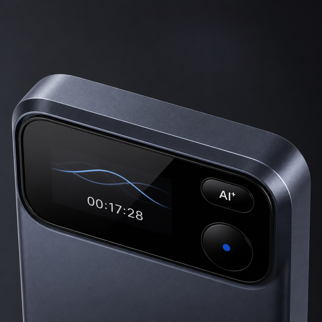 Closeup of the recorder's smooth solid top edge and display panel