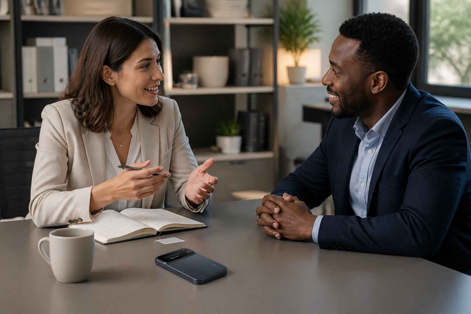 Two colleagues talking across a desk with the recorder lying flat beside a notebook