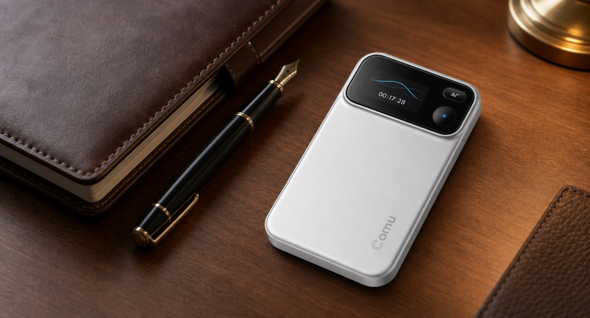 A law office desk with a notebook, pen, and compact recorder