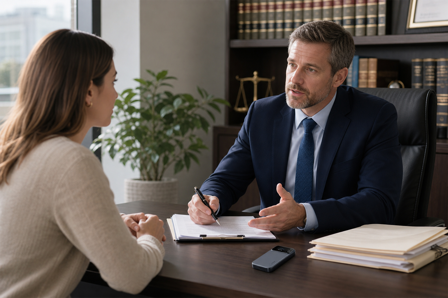 An attorney and client in conversation with a recorder beside case files