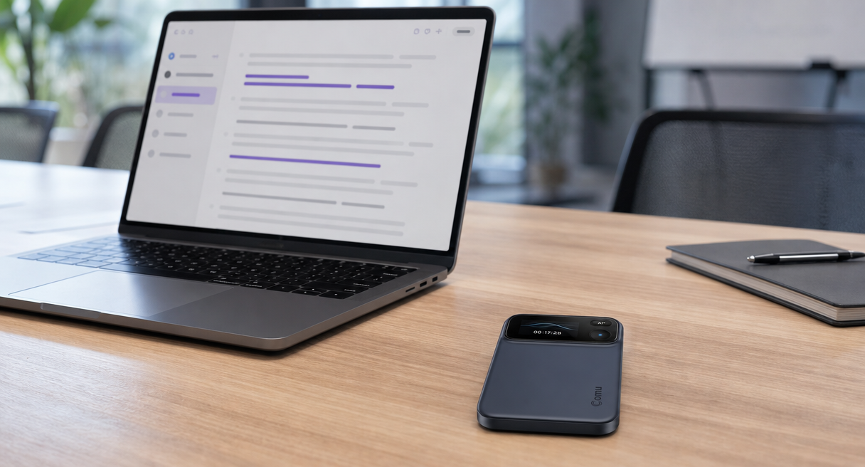 Laptop showing transcript lines with a card recorder lying flat on the table