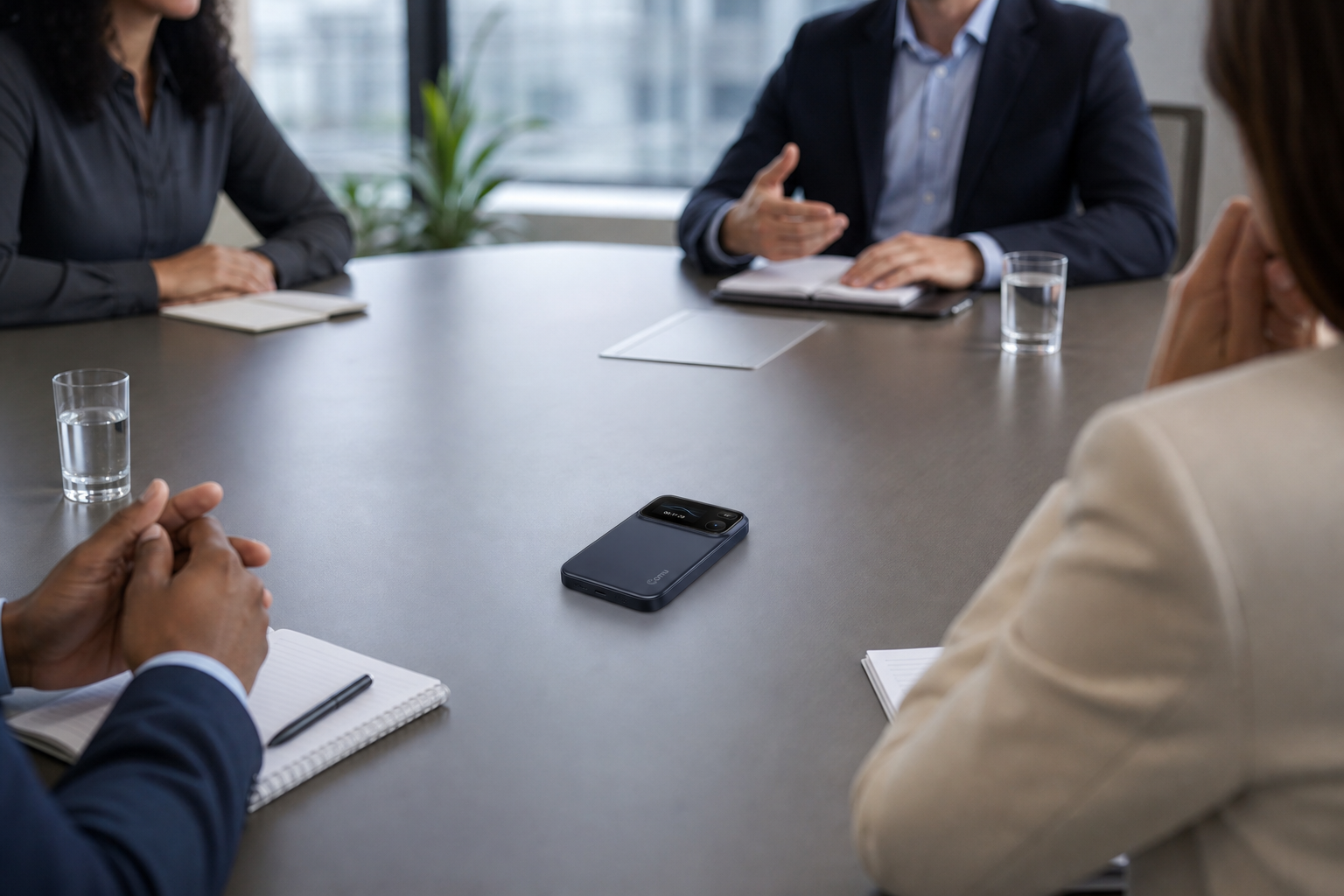 Card recorder lying flat at the center of a long conference table