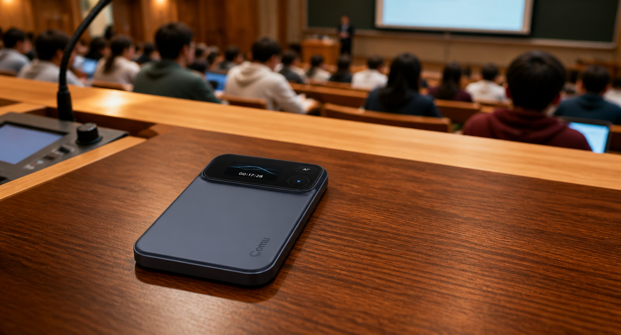 Card recorder lying flat on a lecture hall lectern
