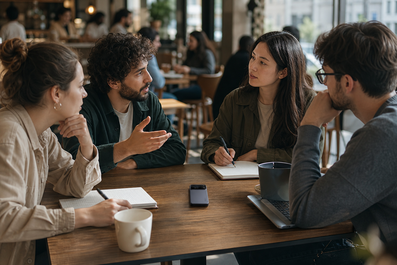 Recorder placed centrally during a meeting in a busy café