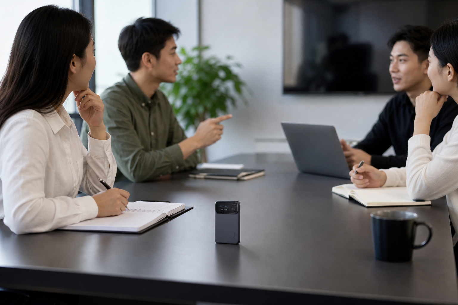 Weekly meeting with a small recorder on the table and a small team working through an agenda