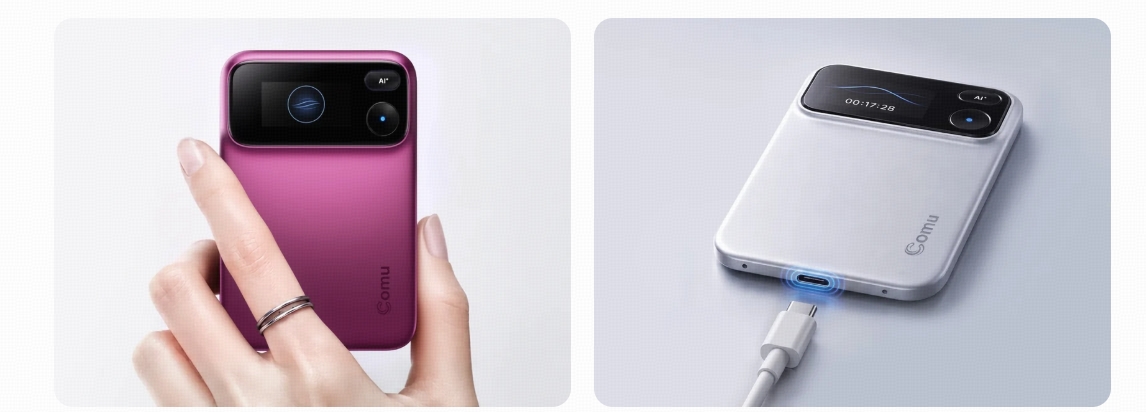 Comu Action Pro card-style recorder shown in hand and charging, slim portrait body with a large top touchscreen