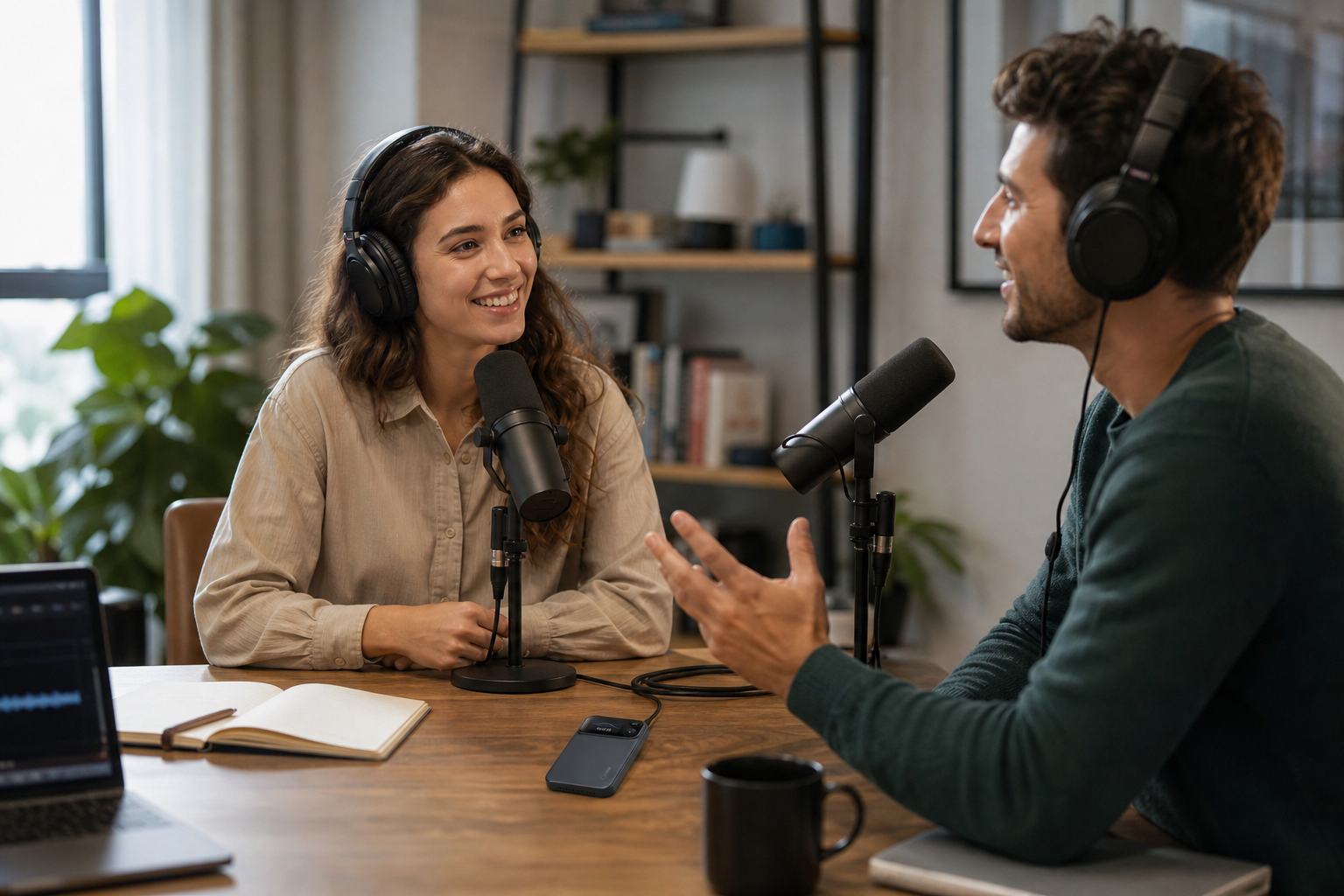 Interview recording scene with a small recorder between two speakers