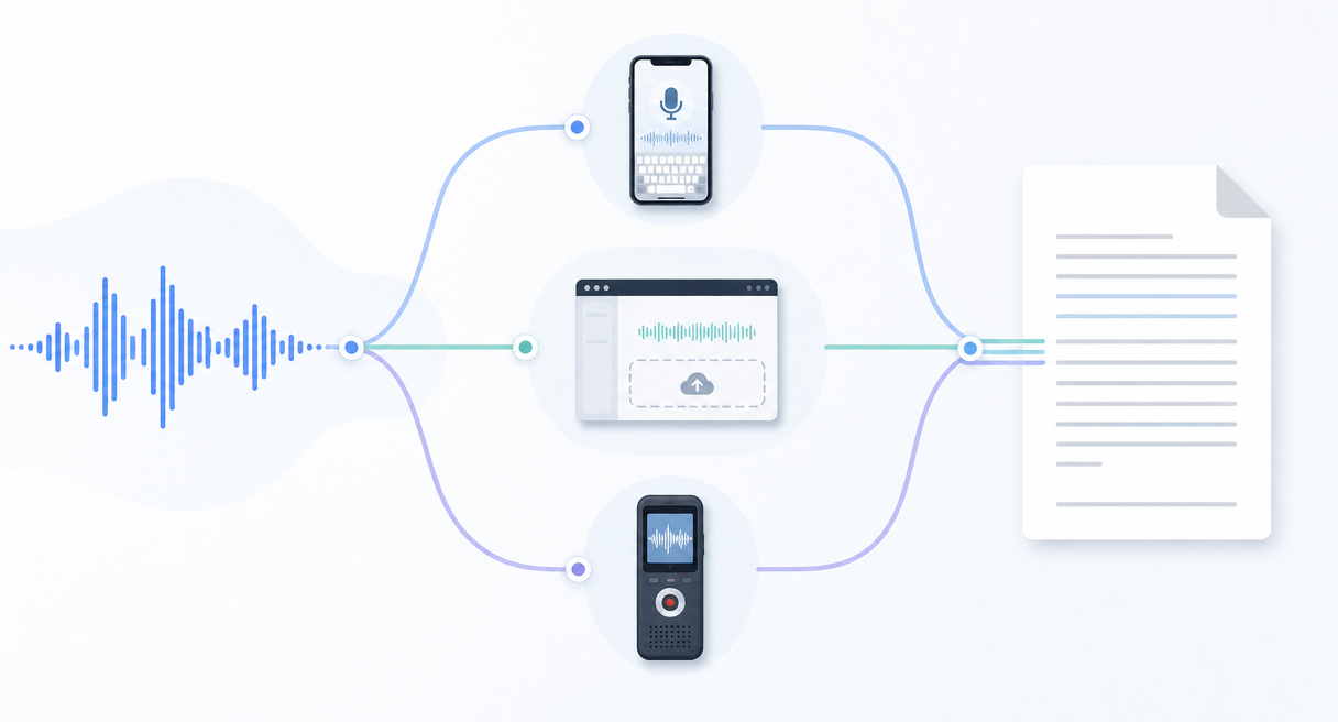 A speech waveform branching into three colored routes through a phone, an upload window, and a dedicated recorder, converging into a page of editable text
