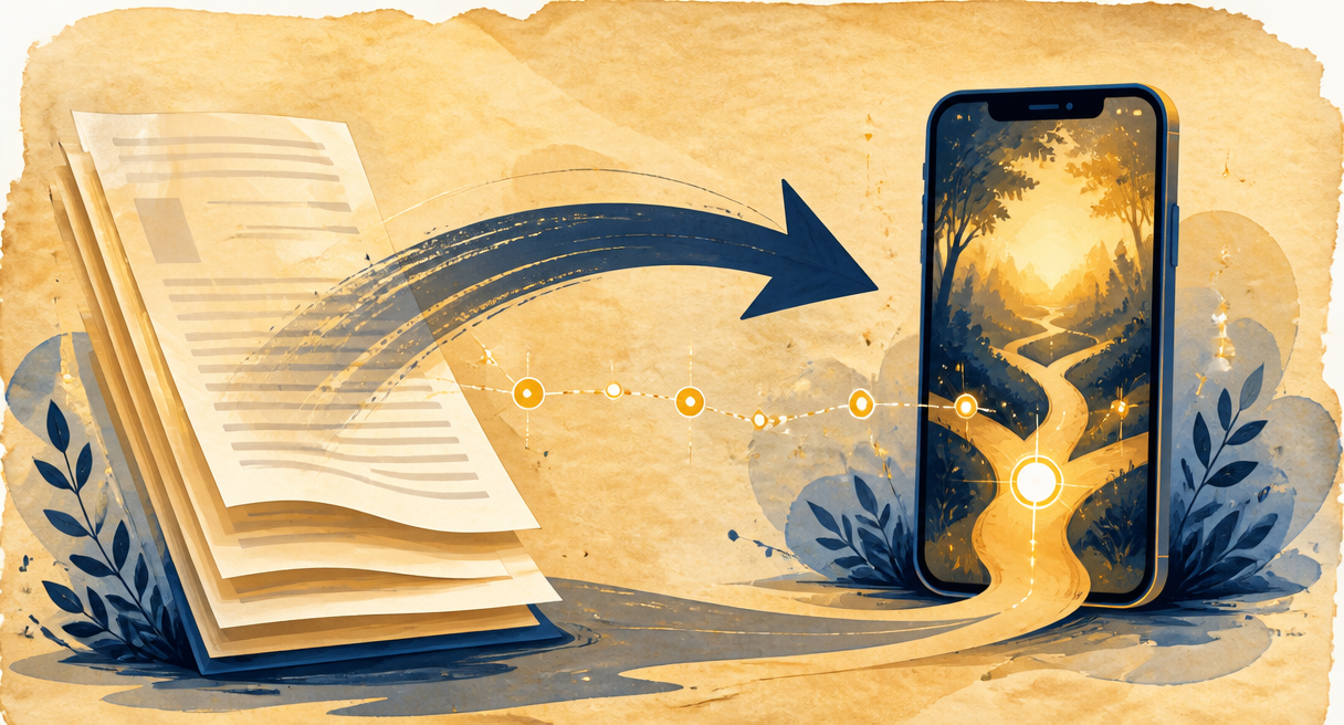 migration scene on warm parchment, at the left a tidy stack of abstract book pages made of soft text blocks