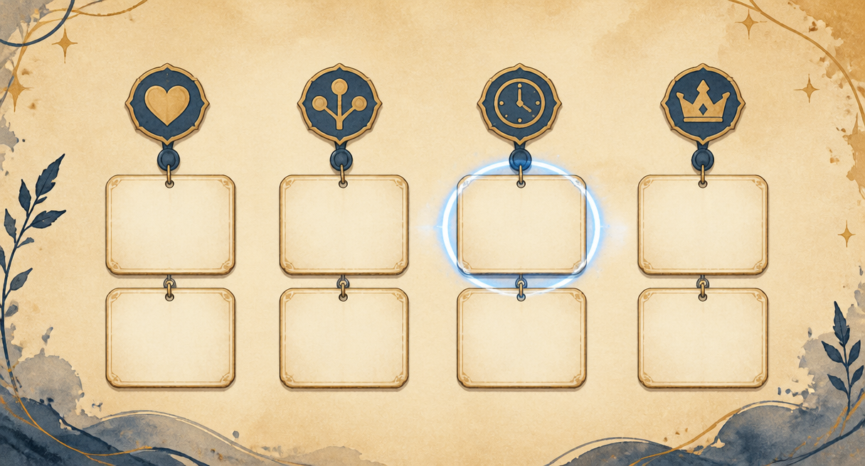 seating wall of blank entry cards arranged under four small emblem hooks in a row