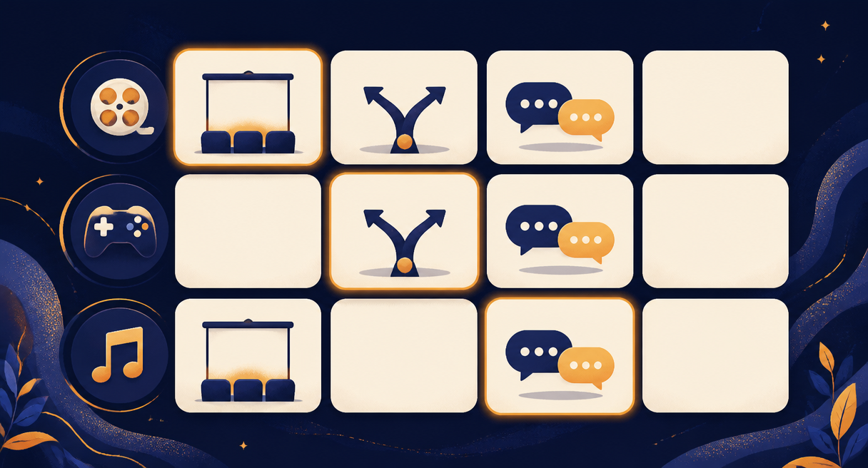 scannable wall grid of blank rounded cards in three rows