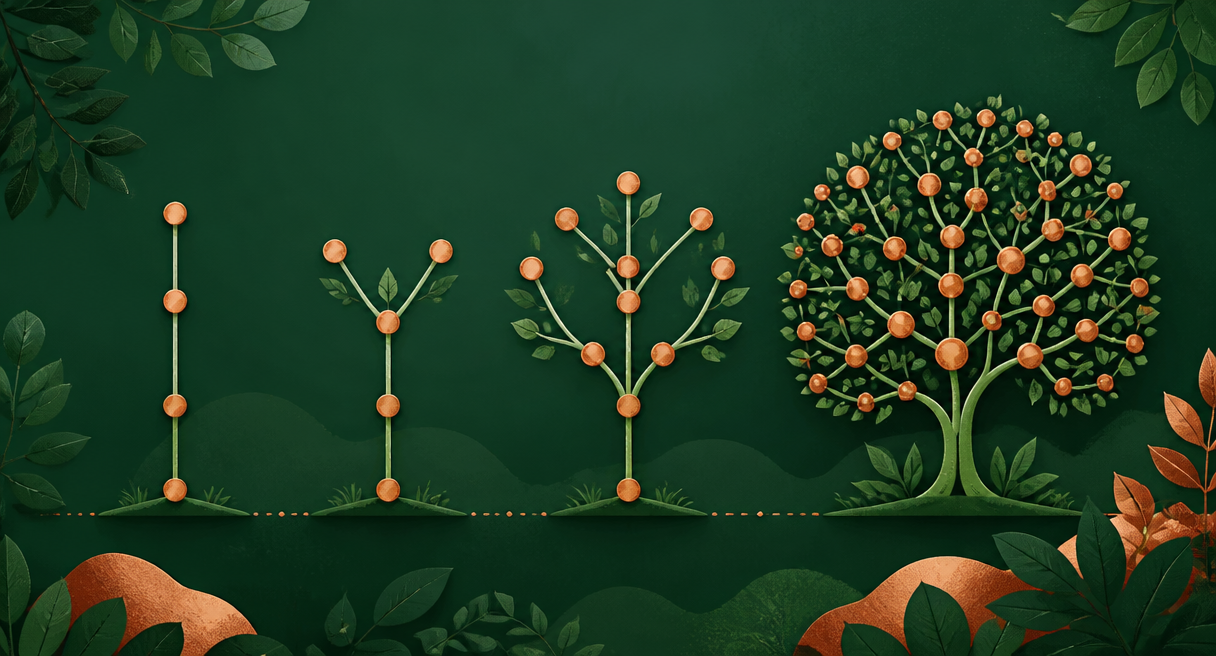 horizontal spectrum band of four tree silhouettes growing from left to right