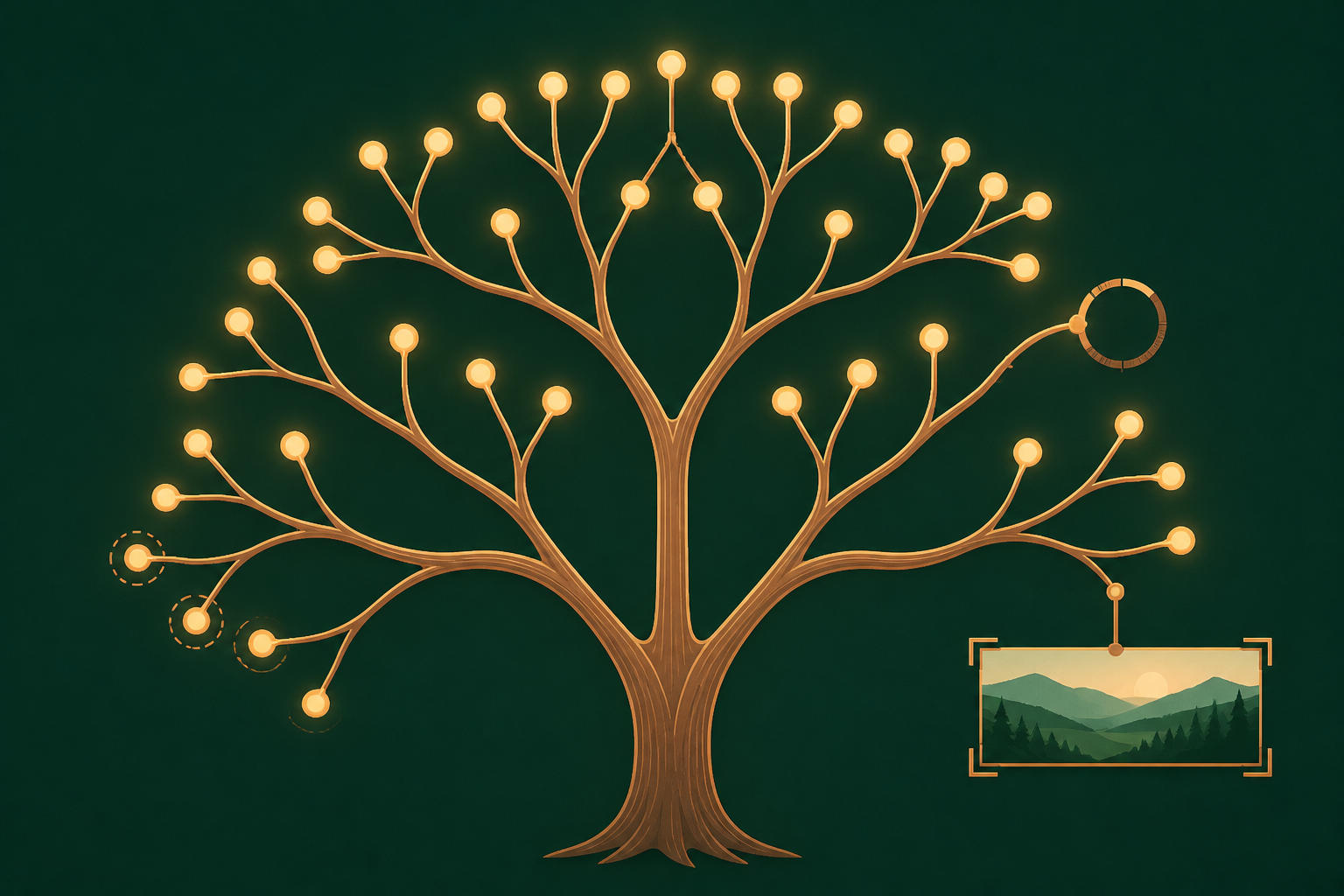 grand story tree with a sturdy trunk and a wide crown of many forking branches