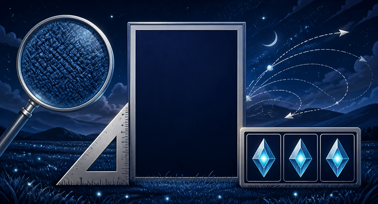 upright blank screen frame over a midnight field carrying three measuring instruments