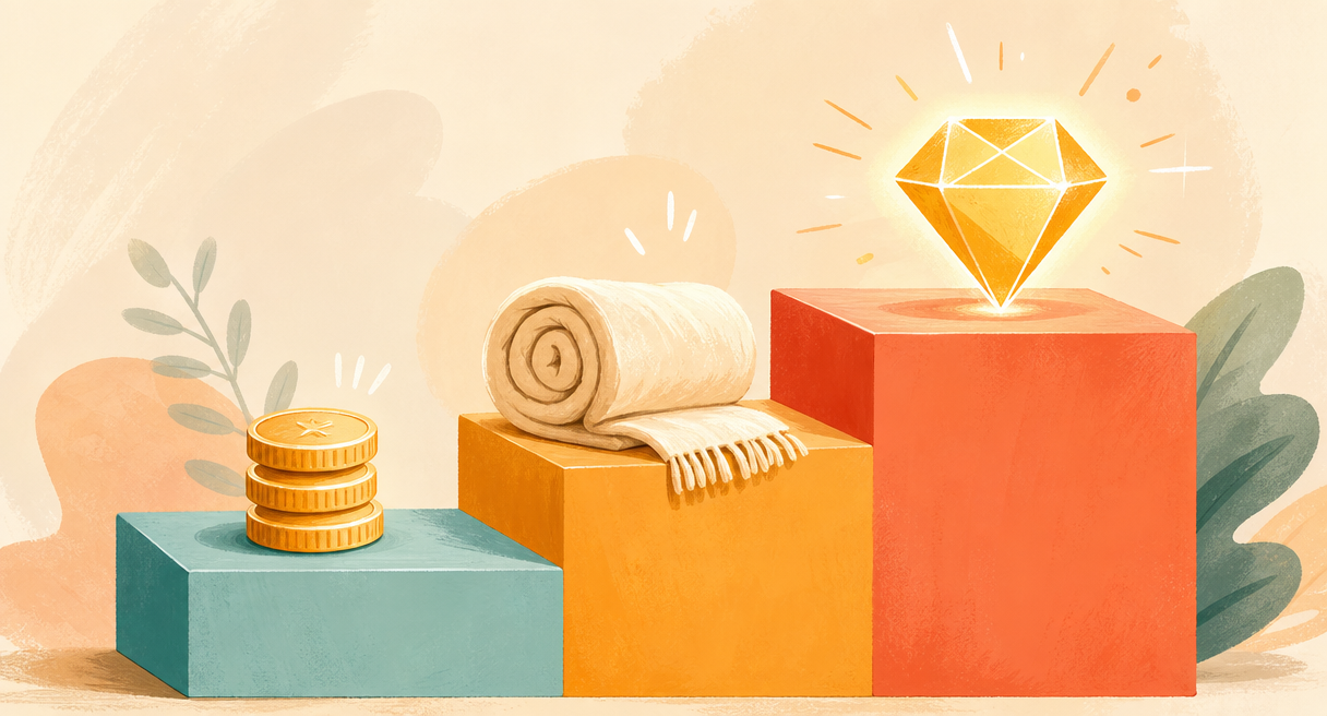 A three-step staircase from a coin stack to a blanket to a glowing node
