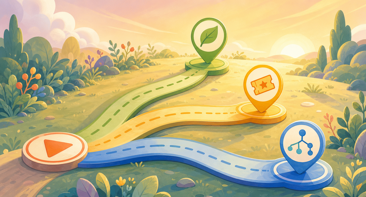 Three diverging paths from one badge, marked by a leaf, a ticket, and a story node