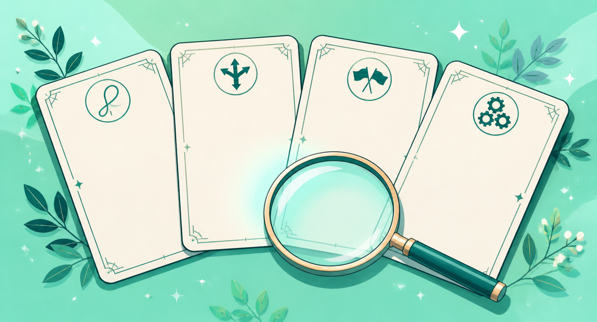 spread of four blank scenario cards fanned in a row