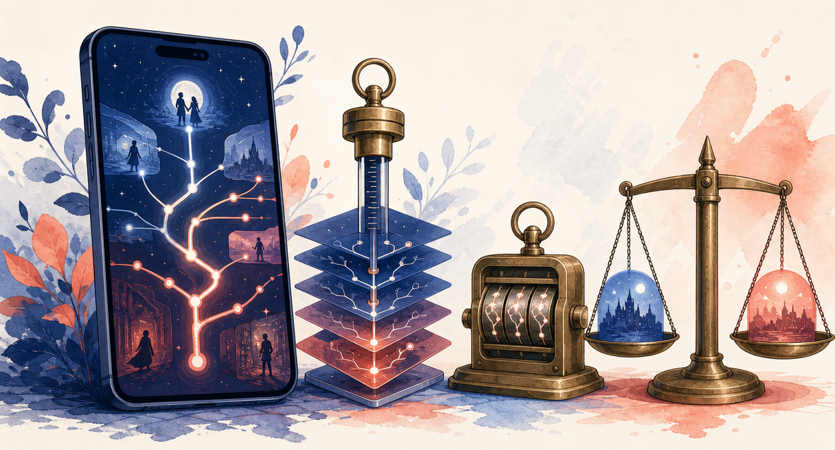 A phone with a branching story map beside three measuring instruments