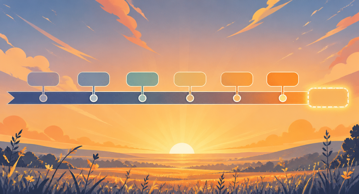 horizontal timeline ribbon stretching across a dawn sky field