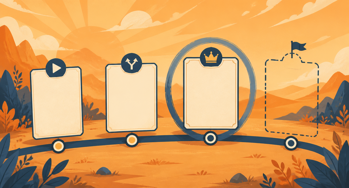 Deadwood, a DRAMAGO story world (in closed beta, launching soon): queue board of four blank scenario cards arranged along a short curved timeline segment