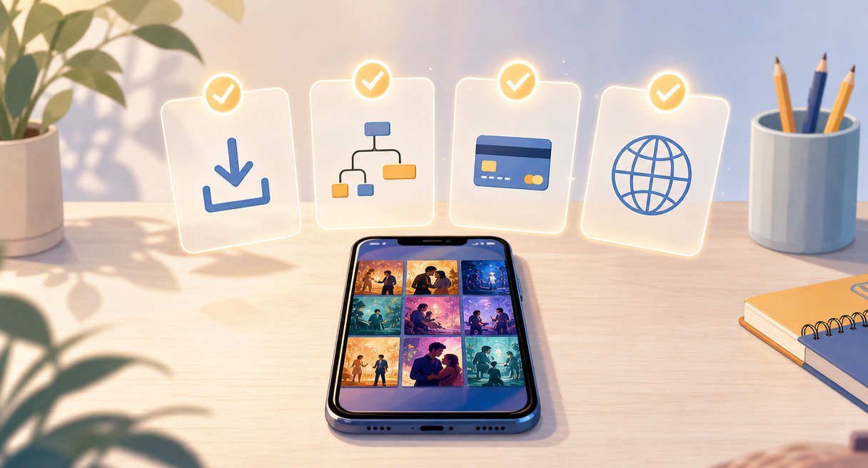 A single phone under four glowing checklist cards: install, story form, payment, language