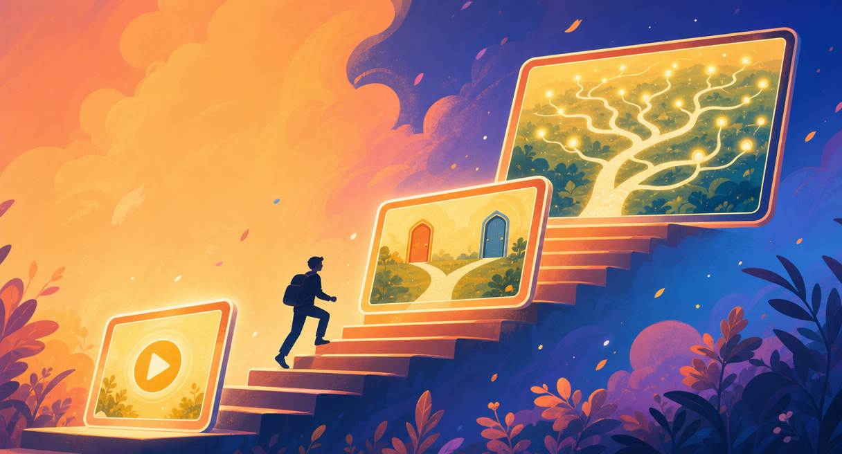 A staircase of screens rising from a play button to branching story paths