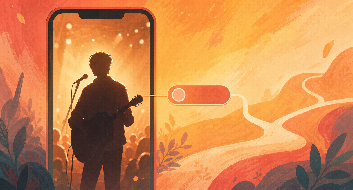 single performer shown in warm backlit silhouette inside a vertical phone-shaped frame