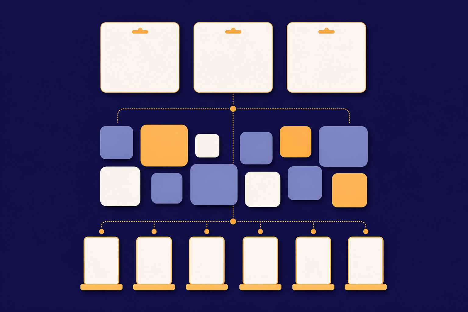 three-tier stack diagram seen from the front: the top tier a row of three blank pass cards