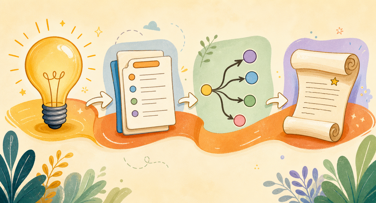 A four-stage creation pipeline from idea bulb to finished script