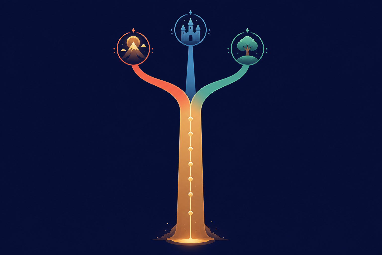One story spine forking into three colored branch ribbons