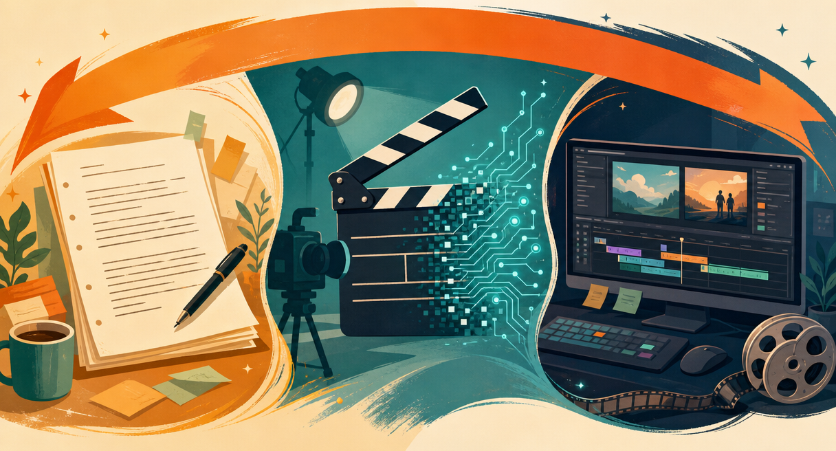 A three-stage strip from script page to clapperboard to editing timeline