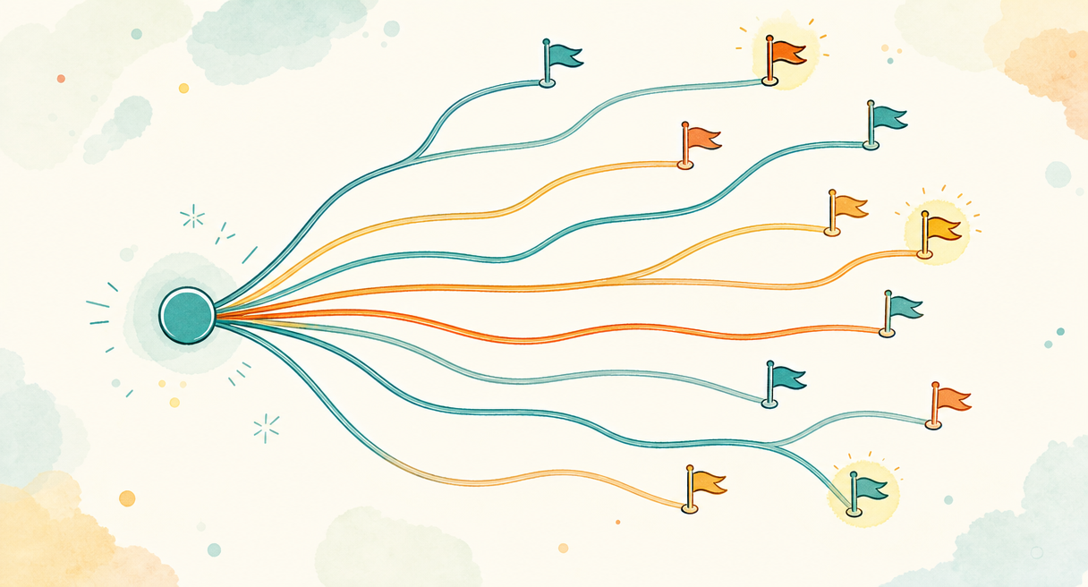 fan of many branching paths radiating from a single start node into fourteen distinct endpoints shown as small flags