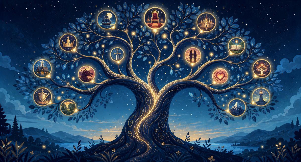 A story tree branching from one trunk into many glowing ending tips